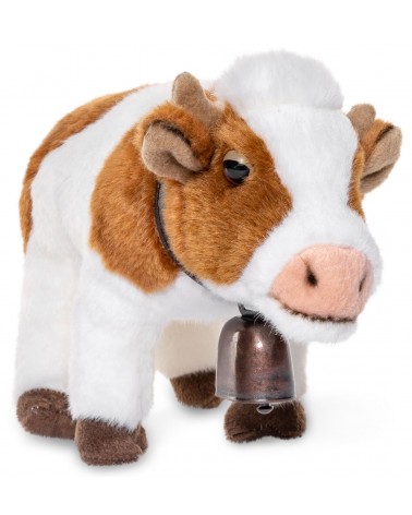 Stehende Simmentaler Kuh braun-weiss gefleckt mit Glocke