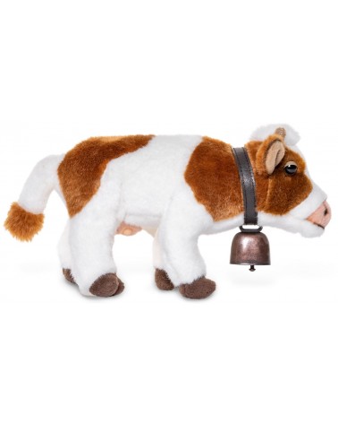 Stehende Simmentaler Kuh braun-weiss gefleckt mit Glocke
